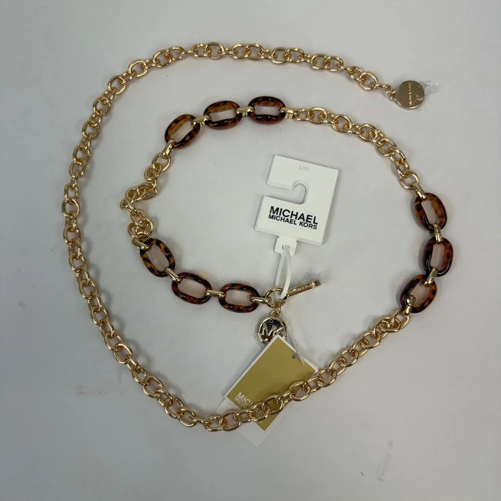 Michael Kors Gold Tortoise Shell Chain Belt Adjustable MK Logo Charm L/XL 558752